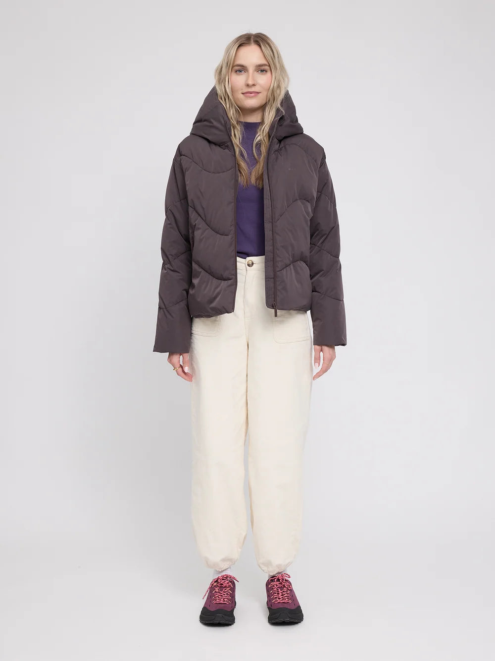 Mazine - Waves Quilt Short Puffer Jacket - eggplant