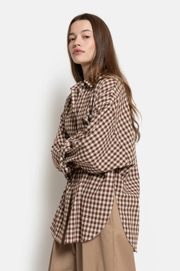 Âme Antwerp - Orchid Oversized Blouse - Camel/Wit geblokt