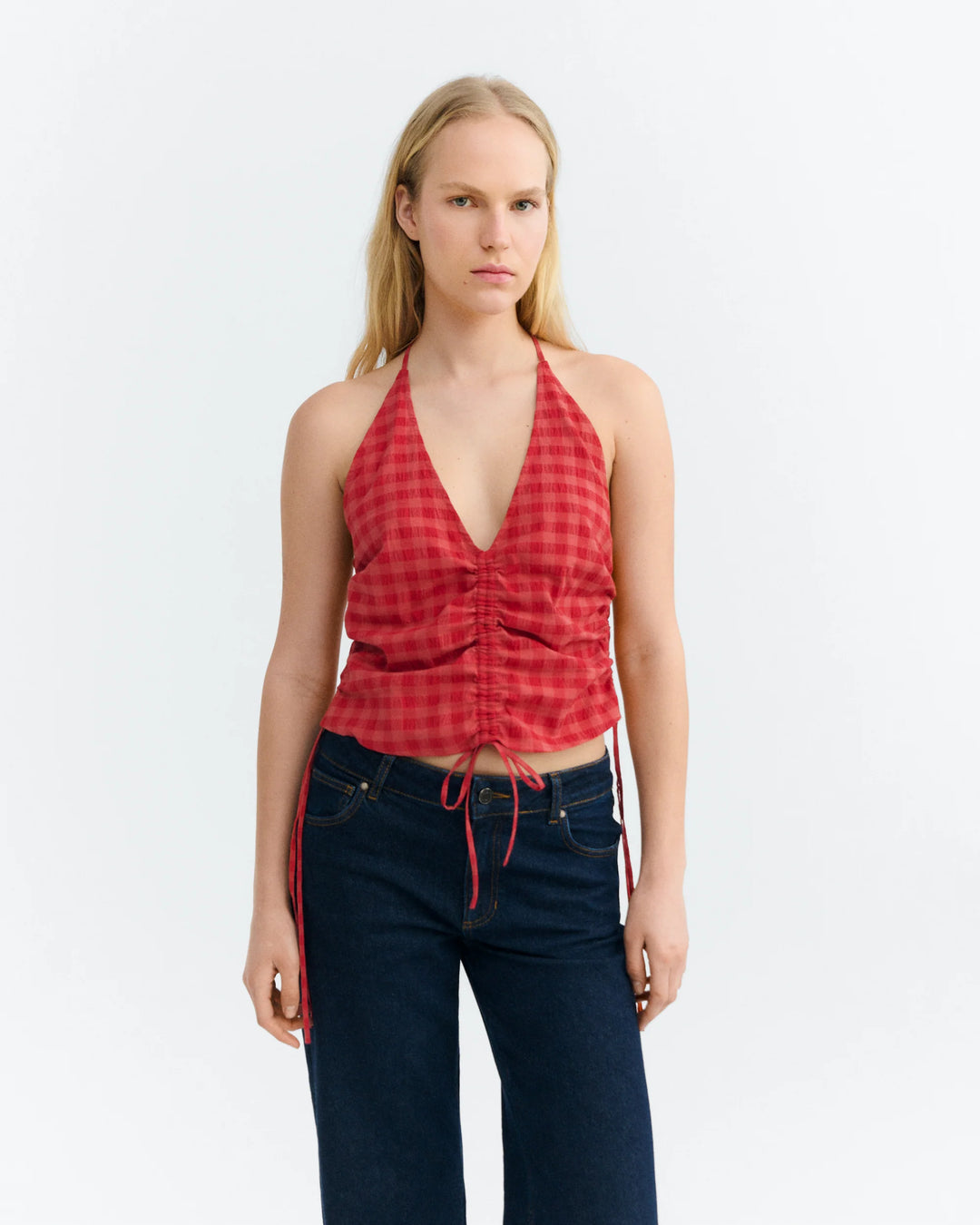 Thinking Mu - Adjustable seersucker top red Hiba