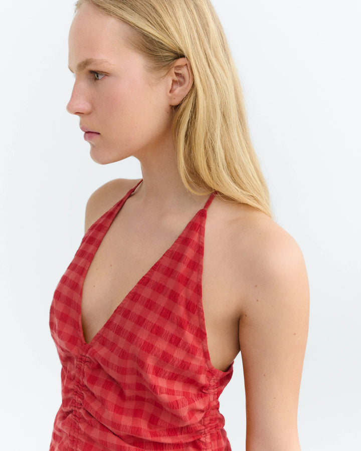 Thinking Mu - Adjustable seersucker top red Hiba