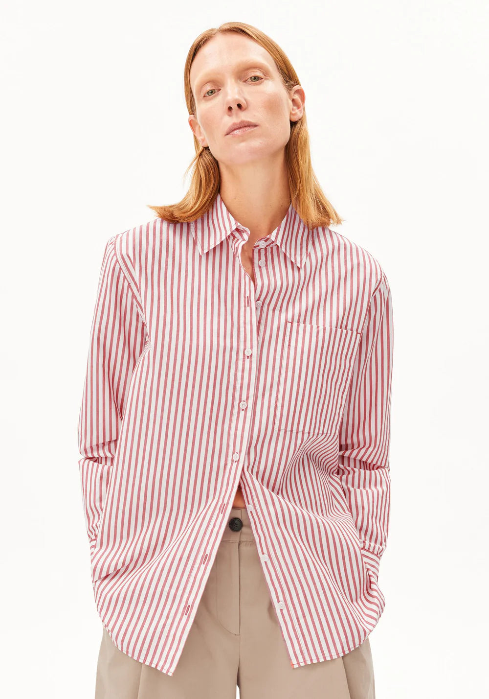 Armed Angels - Stripe Loose Shirt Blouse - Oatmilk-Mars Red